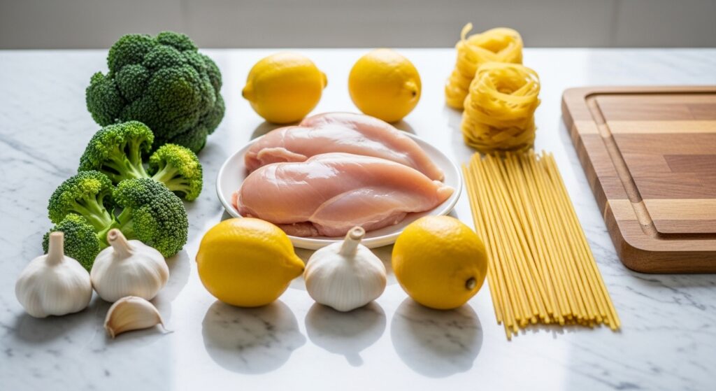 Ingredients for bowtie pasta with chicken and broccoli recipe including fresh lemons and garlic.