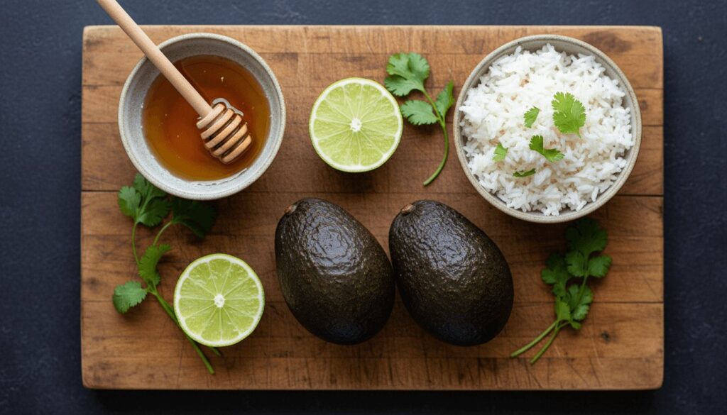 Fresh ingredients for chicken avocado rice bowl recipe.