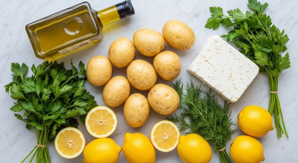 Fresh ingredients for a no-mayo Mediterranean potato salad recipe.