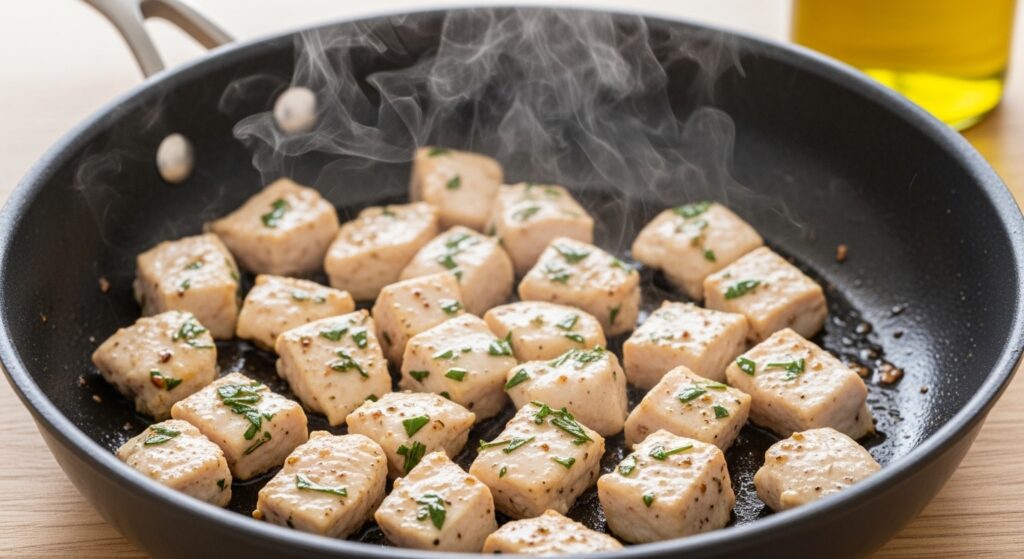 Sautéing chicken breast for a Mediterranean chicken pasta recipe.