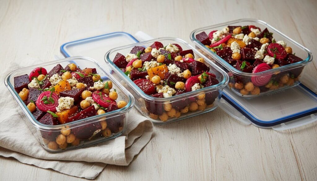 Glass containers showing meal-prepped Mediterranean chickpea and beet salad for the week.