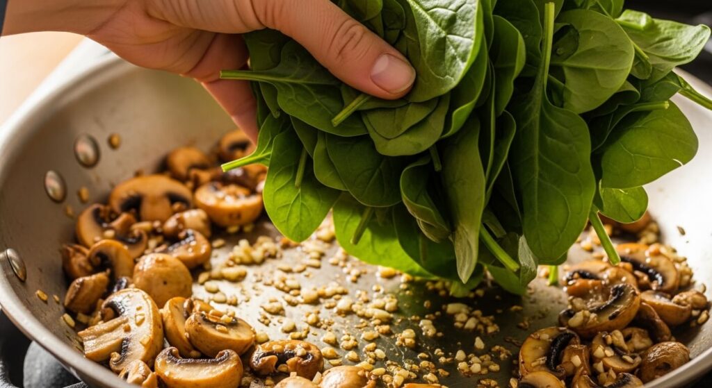 Adding fresh baby spinach to sautéed mushrooms in a pan.
