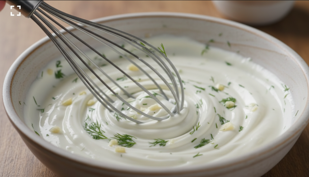 Making creamy sauce for roasted vegetable casserole