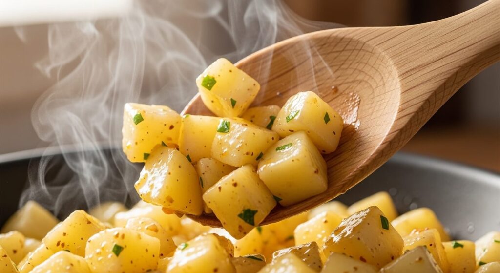 Tossing warm potatoes with Greek lemon herb dressing.