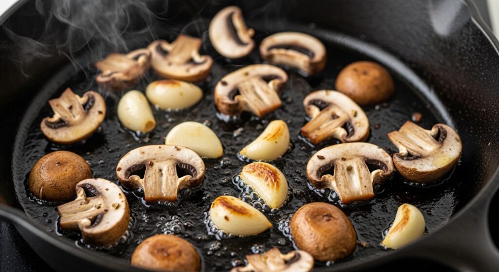 Sautéing mushrooms in a pan for a warm mushroom salad recipe.