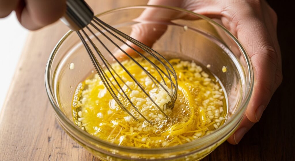Making lemon garlic sauce for Mediterranean baked salmon.