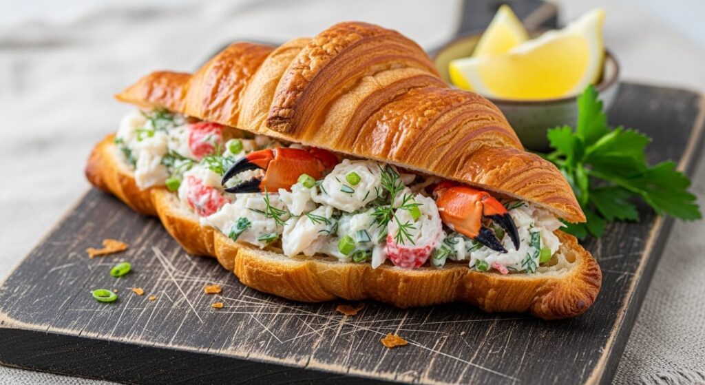 Crab salad sandwich on a flaky croissant.