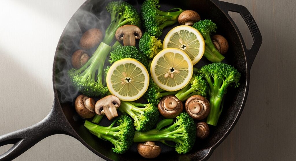 Overhead shot of a cast-iron skillet filled with vibrant green broccoli and browned cremini mushrooms, steam rising, garnished with lemon slices.