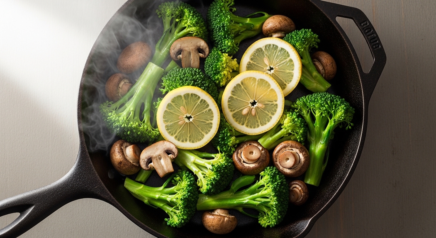 Overhead shot of a cast-iron skillet filled with vibrant green broccoli and browned cremini mushrooms, steam rising, garnished with lemon slices.