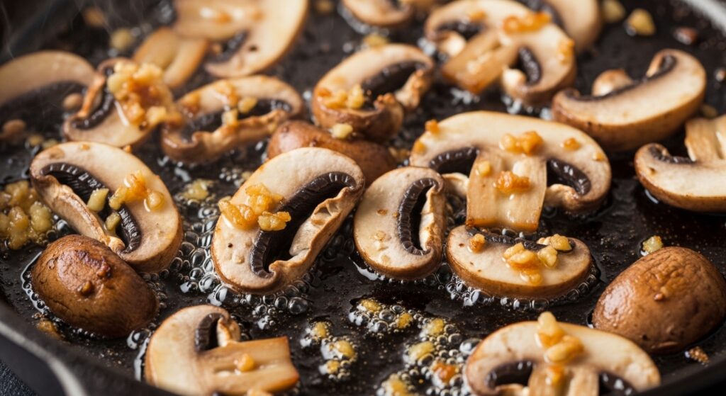 Sautéing mushrooms and garlic in extra virgin olive oil.