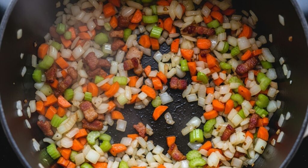 Sautéing onions, carrots, and celery with pancetta for Italian soup.