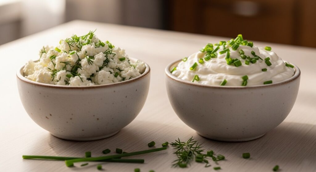 Comparison of chunky vs smooth blended cottage cheese with herbs.