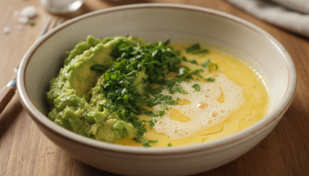 Ingredients for avocado egg breakfast recipe in a glass mixing bowl.