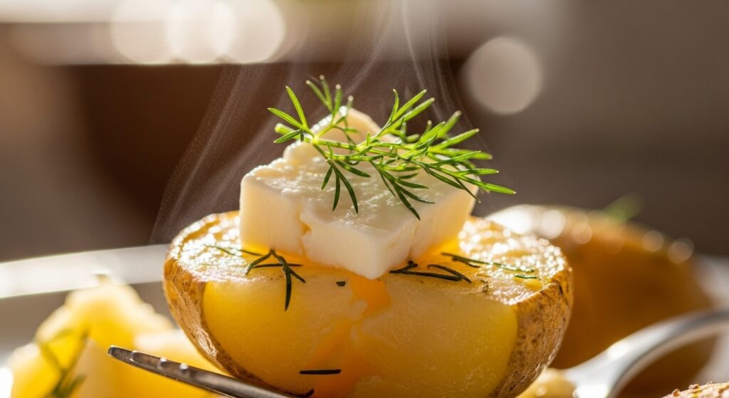 Close up texture of waxy potatoes and creamy feta cheese.