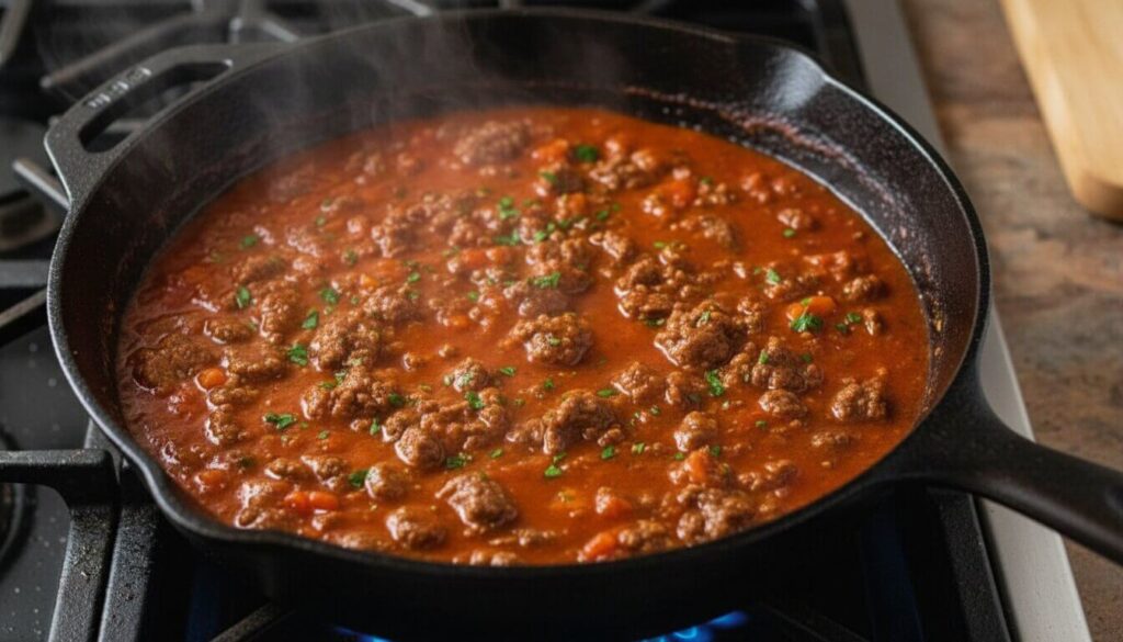 Rich tomato and garlic beef sauce simmering in a pan.