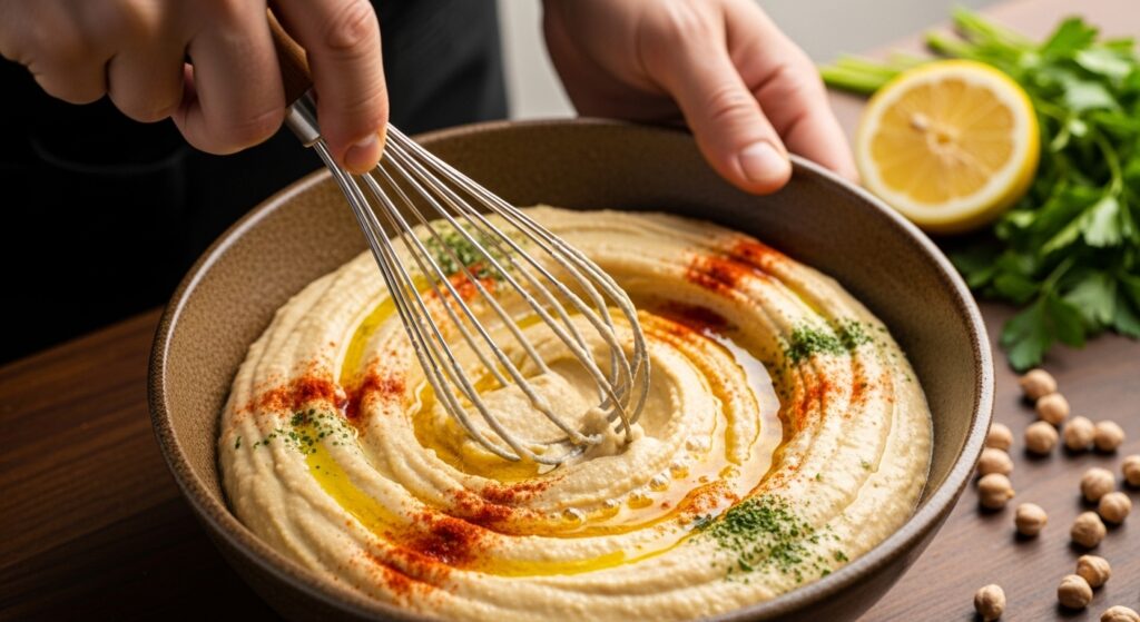 Food processor blending creamy chickpeas and tahini into smooth hummus.