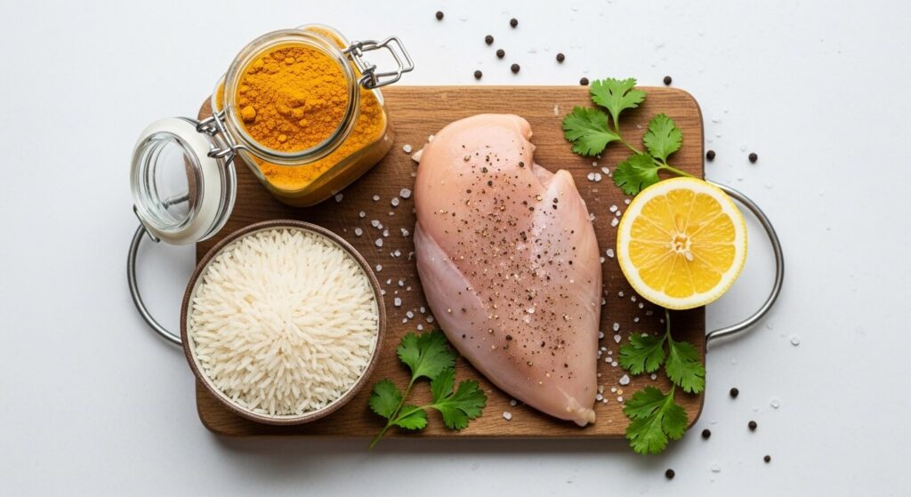 Fresh ingredients for a healthy Mediterranean turmeric chicken recipe.