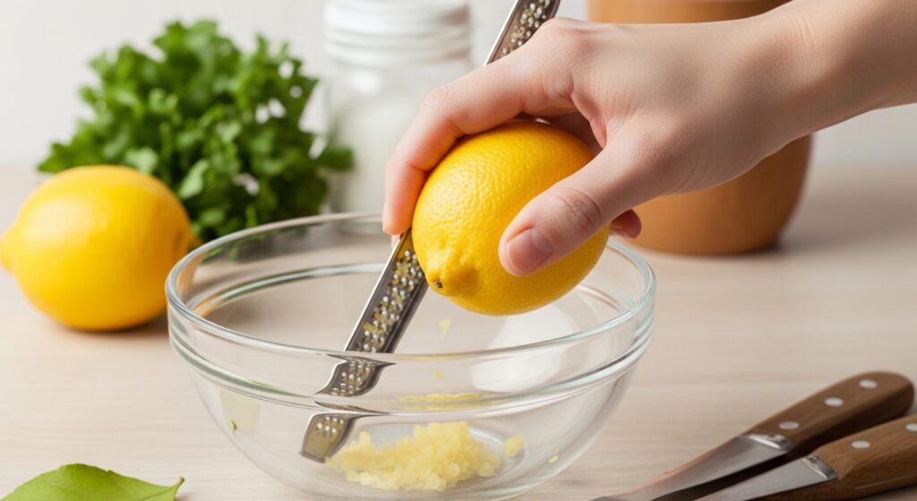 Fresh lemon zest being prepared for sugar-free ice cream.