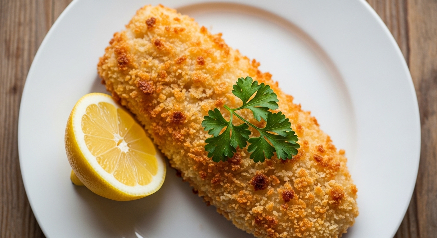 Crispy panko crusted white fish fillet served with lemon and parsley.
