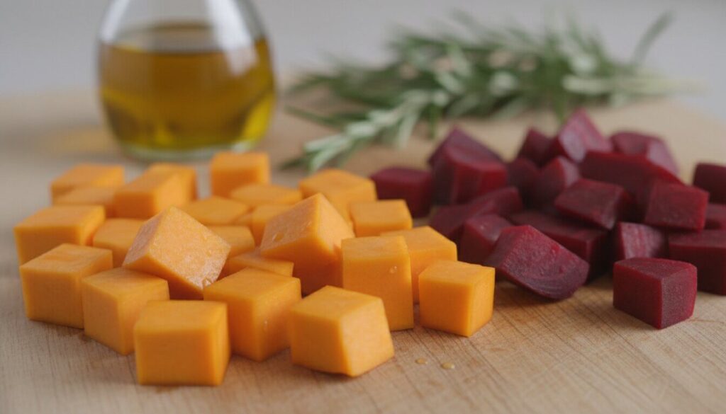 Raw ingredients for roasted beet and butternut squash salad.