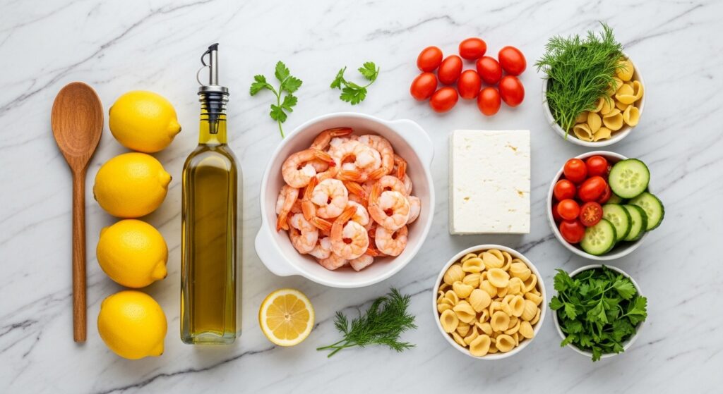 Fresh ingredients for a healthy shrimp pasta salad recipe including olive oil, lemon, and shrimp.