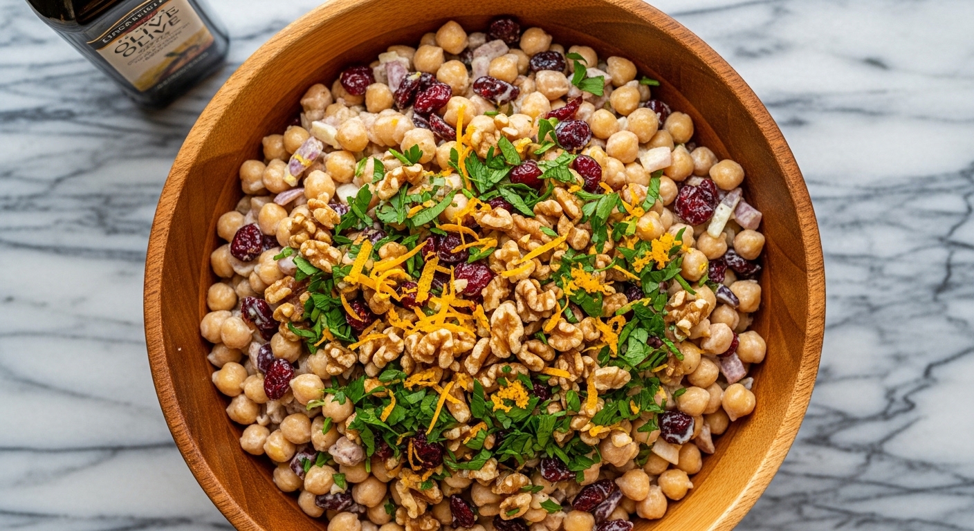 Top-down view of Cranberry Walnut Chickpea Salad with Orange Vinaigrette in a wooden bowl.