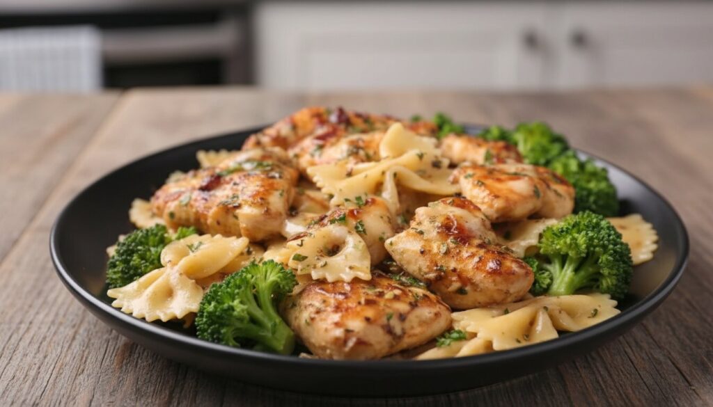 Healthy lemon garlic chicken pasta with bowtie noodles and broccoli