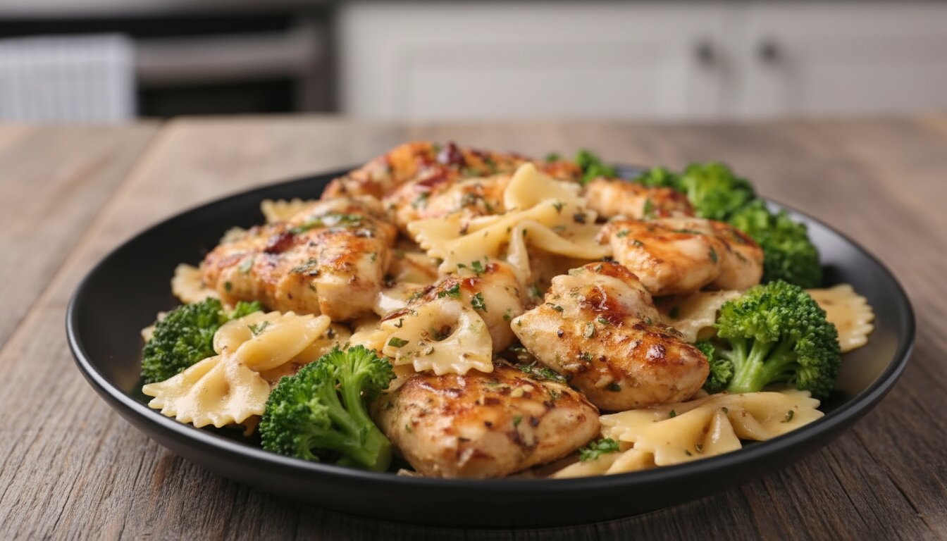 Healthy lemon garlic chicken pasta with bowtie noodles and broccoli