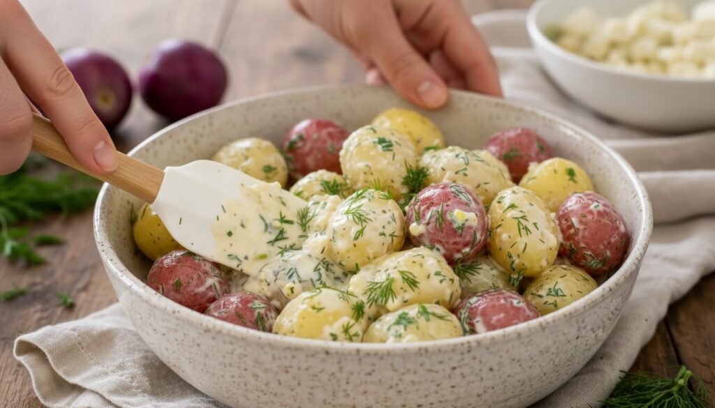 Folding the dressing into a Mediterranean creamy potato salad recipe.