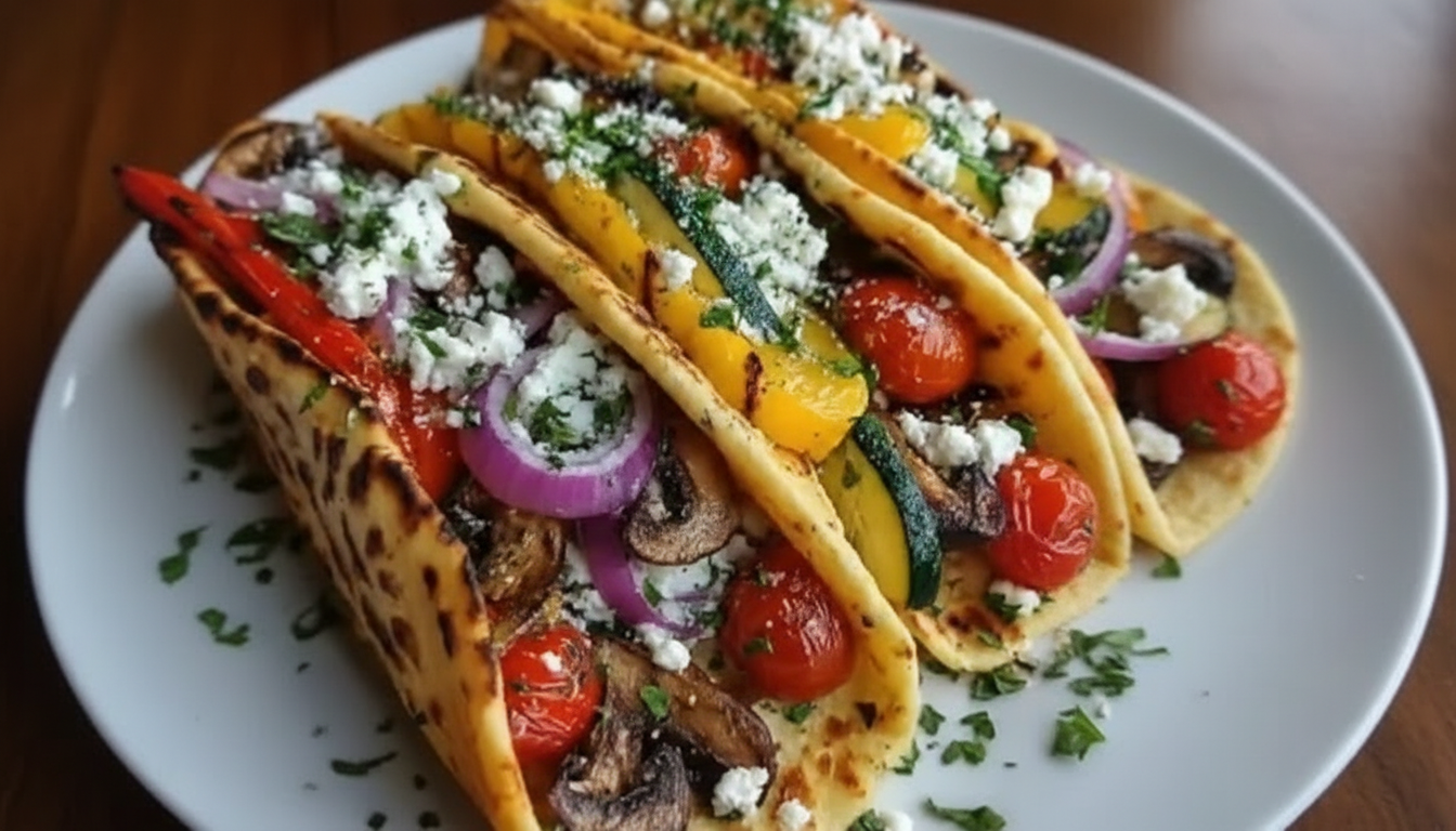 Greek Grilled Veggie Wrap with roasted garlic feta sauce on a wooden board.