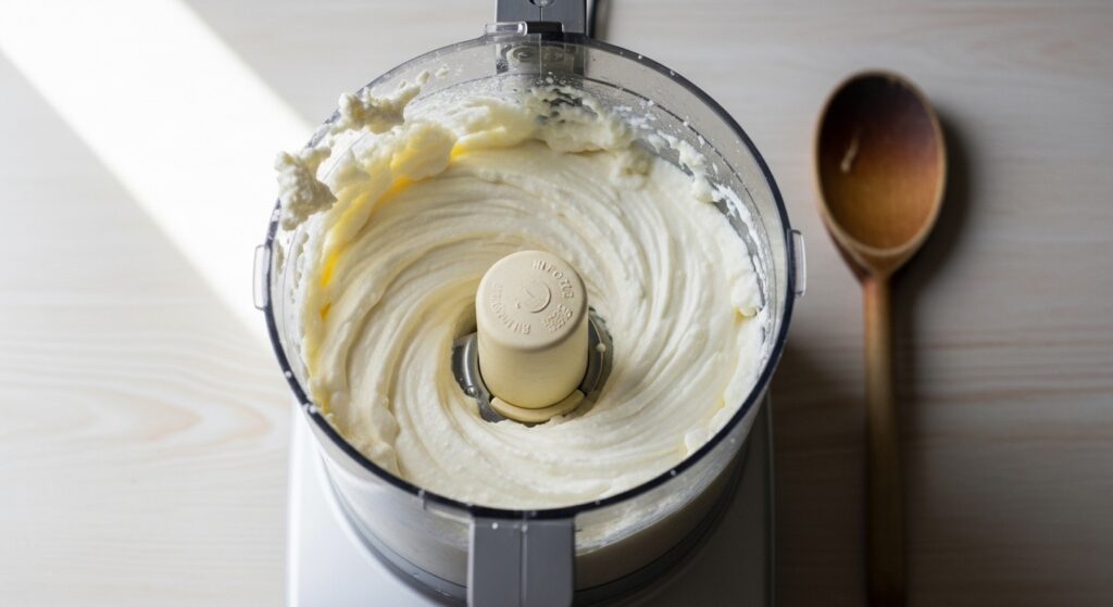 Creamy whipped ricotta texture in a food processor.