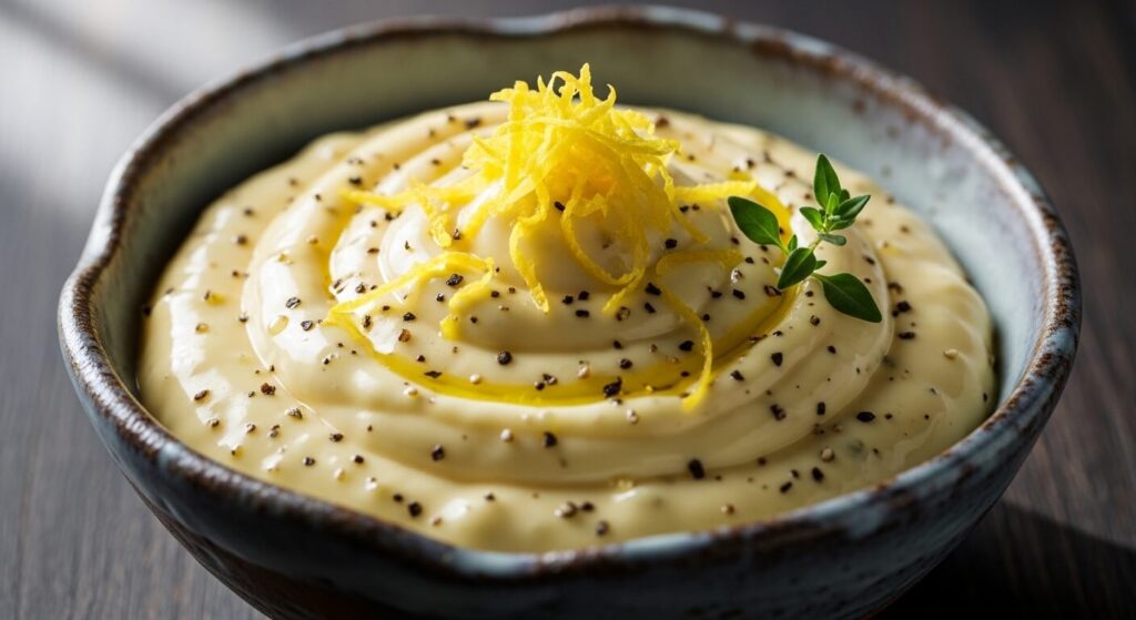 Homemade olive oil lemon garlic aioli in a white bowl.