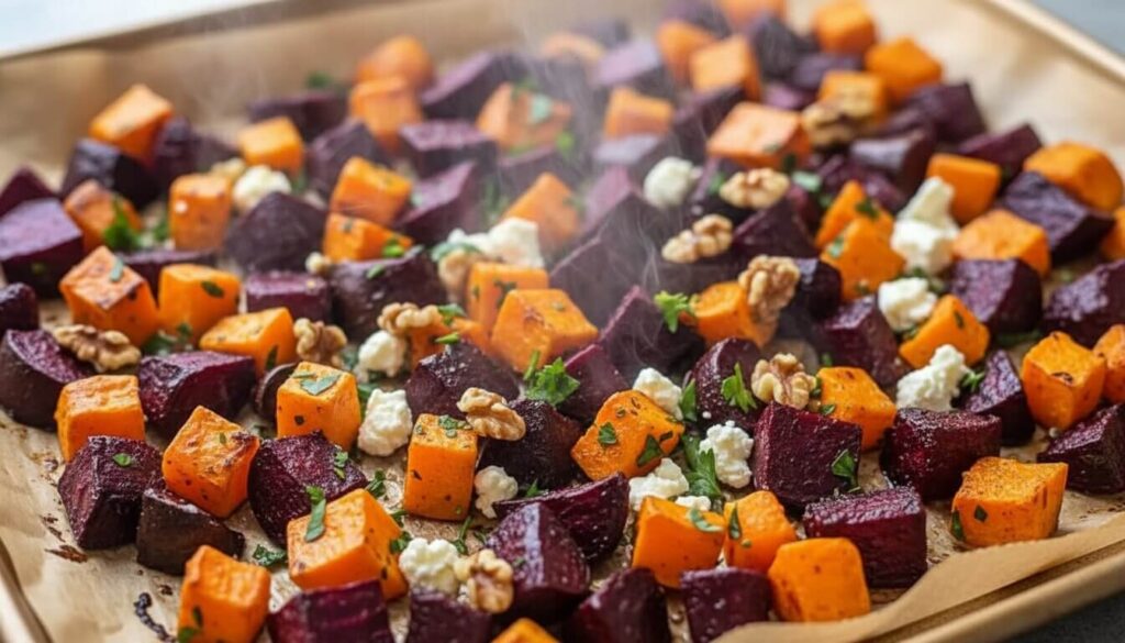 Caramelized roasted beets and sweet potatoes on a sheet pan.