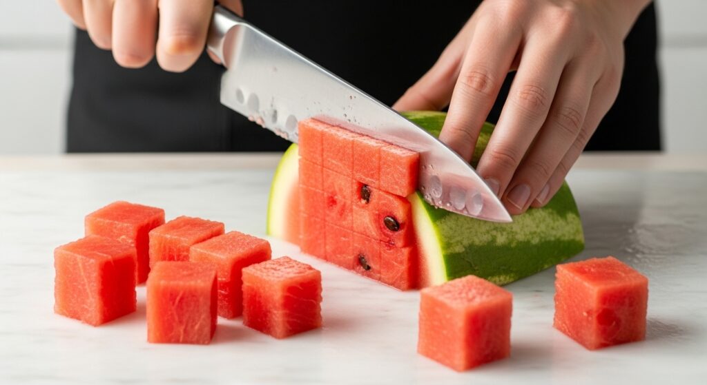 Dicing fresh watermelon into cubes for a summer salad.