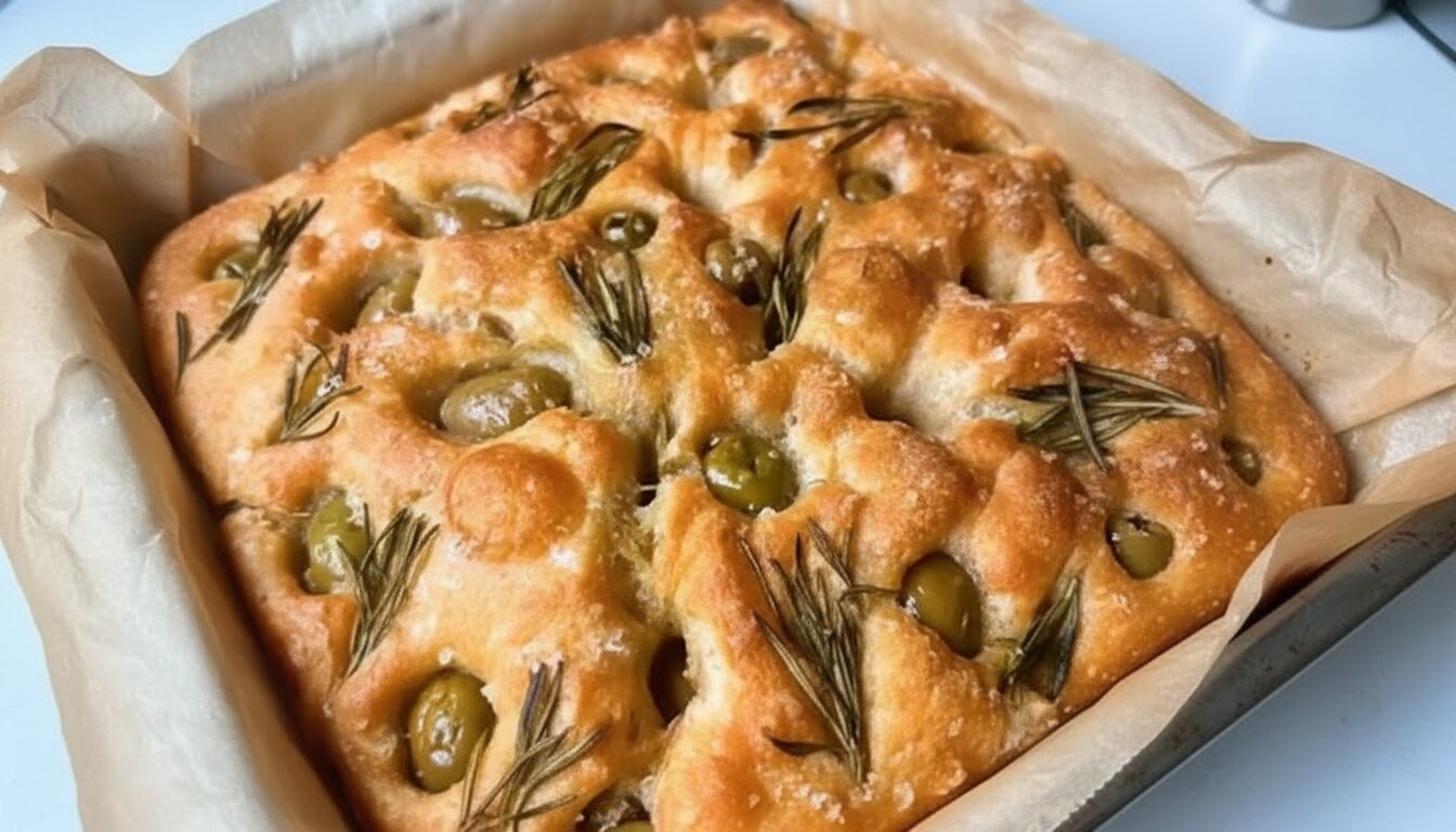 reshly baked Olive Rosemary Focaccia in a pan with golden crust.