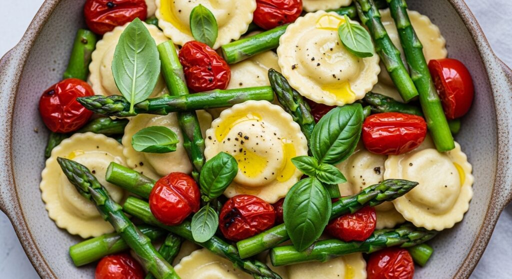 A bowl of Mediterranean asparagus ravioli with tomatoes and fresh herbs.