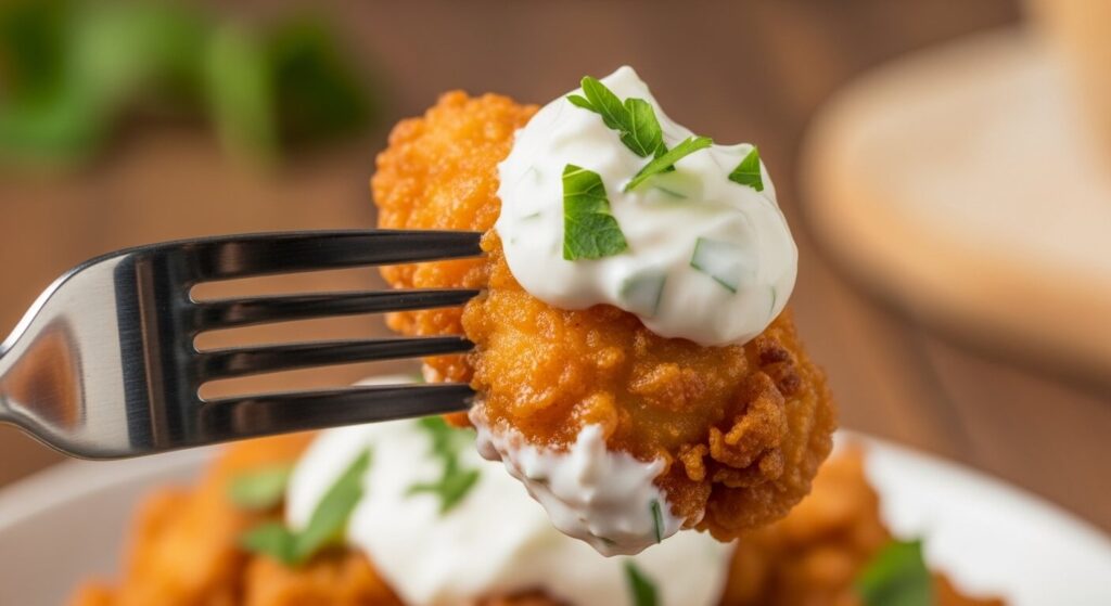 Close up of a bite of lemon garlic chicken.
