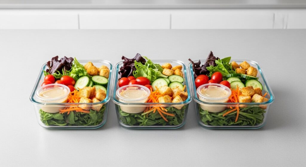 Mediterranean Chicken Caesar Salad packed in glass meal prep containers.