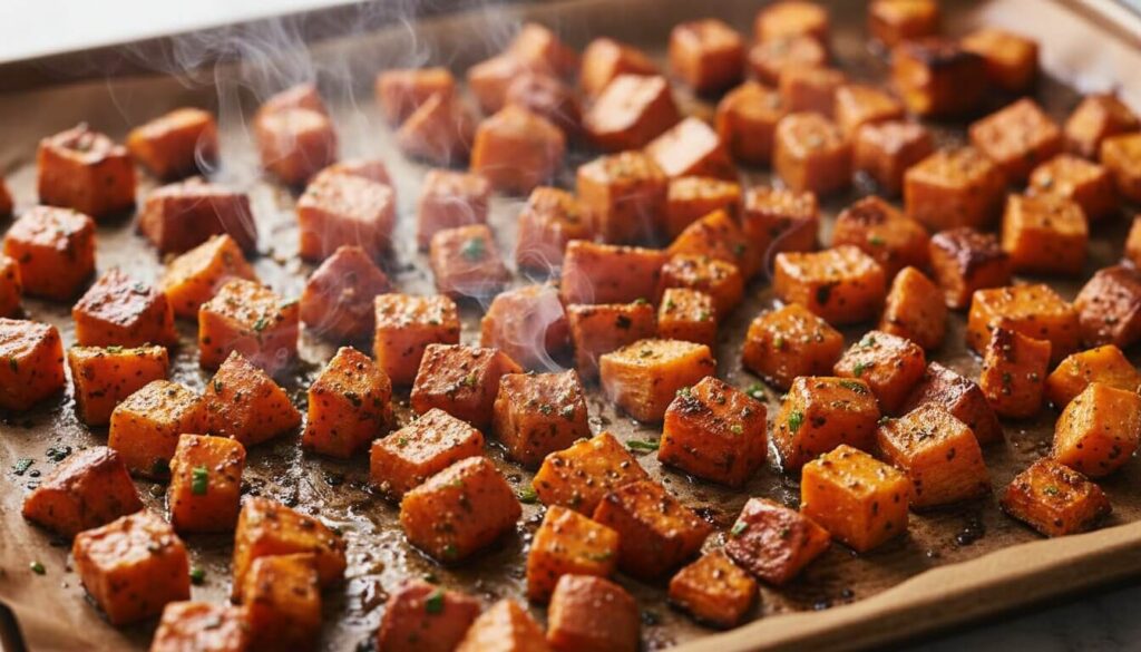 Roasted sweet potato cubes for lentil salad.