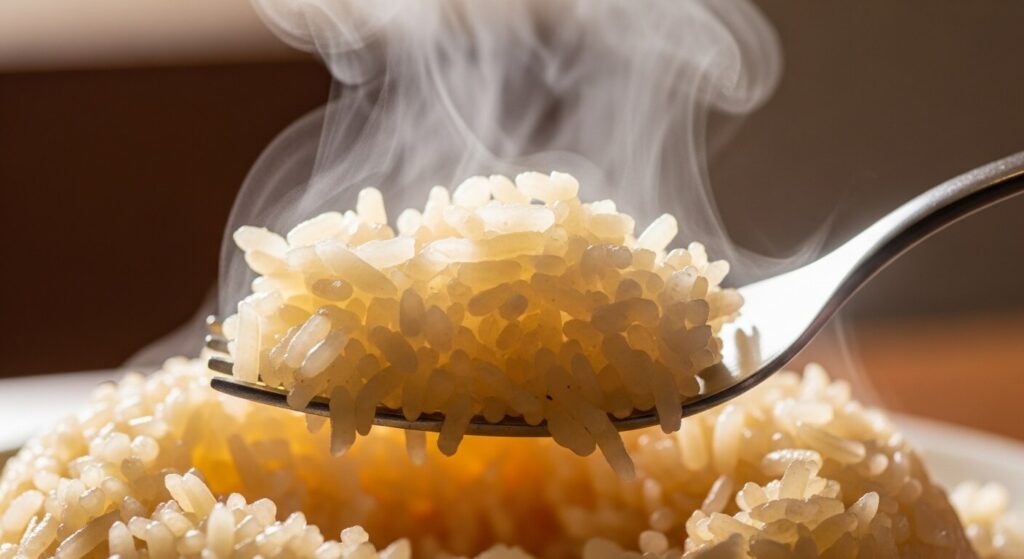 How to fluff turmeric rice with a fork for a light and airy texture.