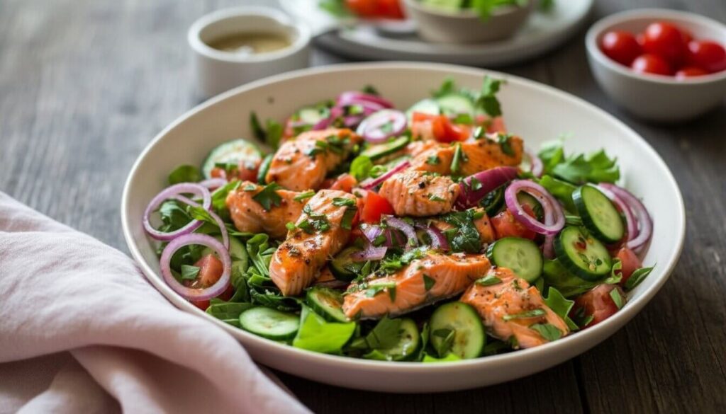 Mediterranean Seared Salmon Salad with fresh greens and lemon vinaigrette.