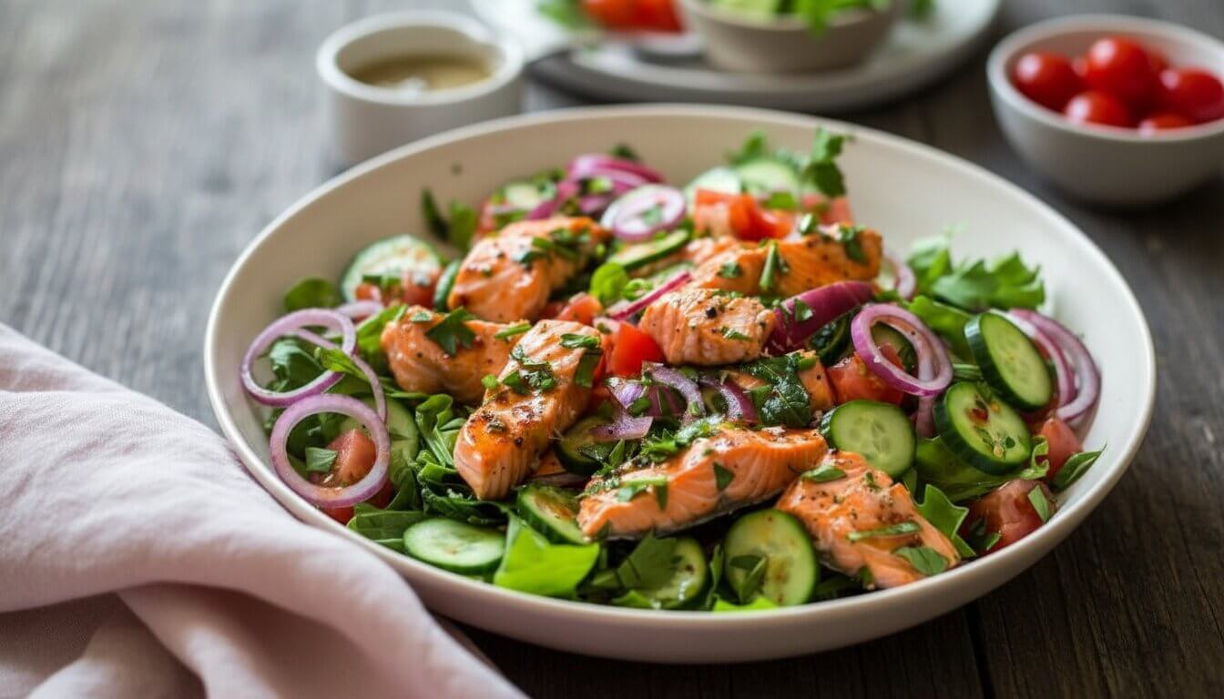 Mediterranean Seared Salmon Salad with fresh greens and lemon vinaigrette.