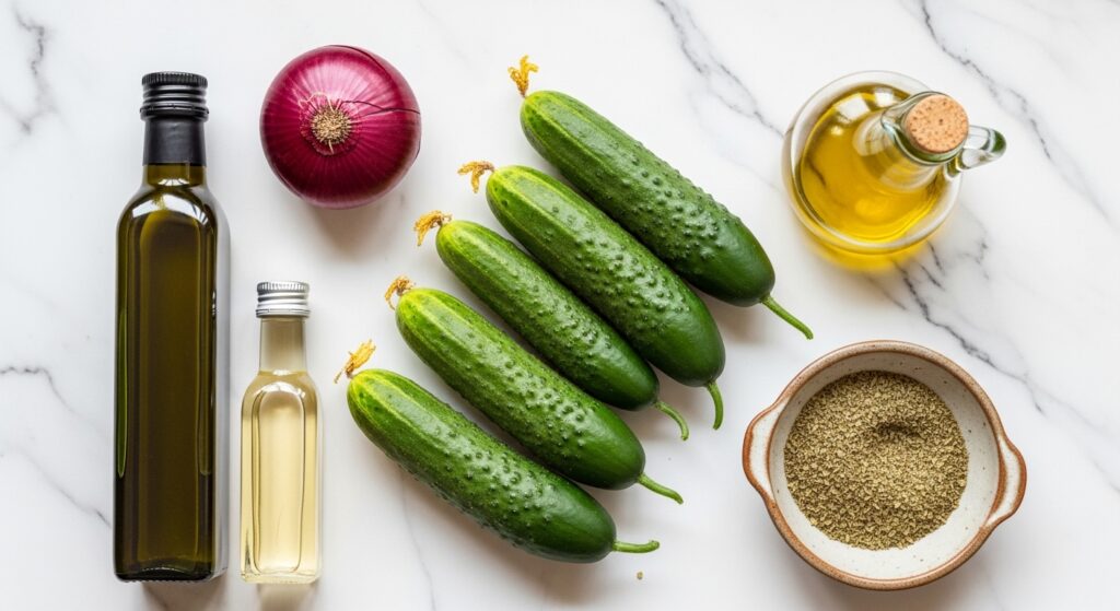 Fresh ingredients for a pickled cucumber and onion recipe.