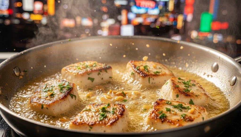 Pan frying fish bites in lemon butter and garlic.