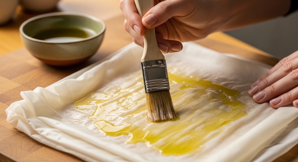 Brushing phyllo dough with olive oil for Mediterranean pie.
