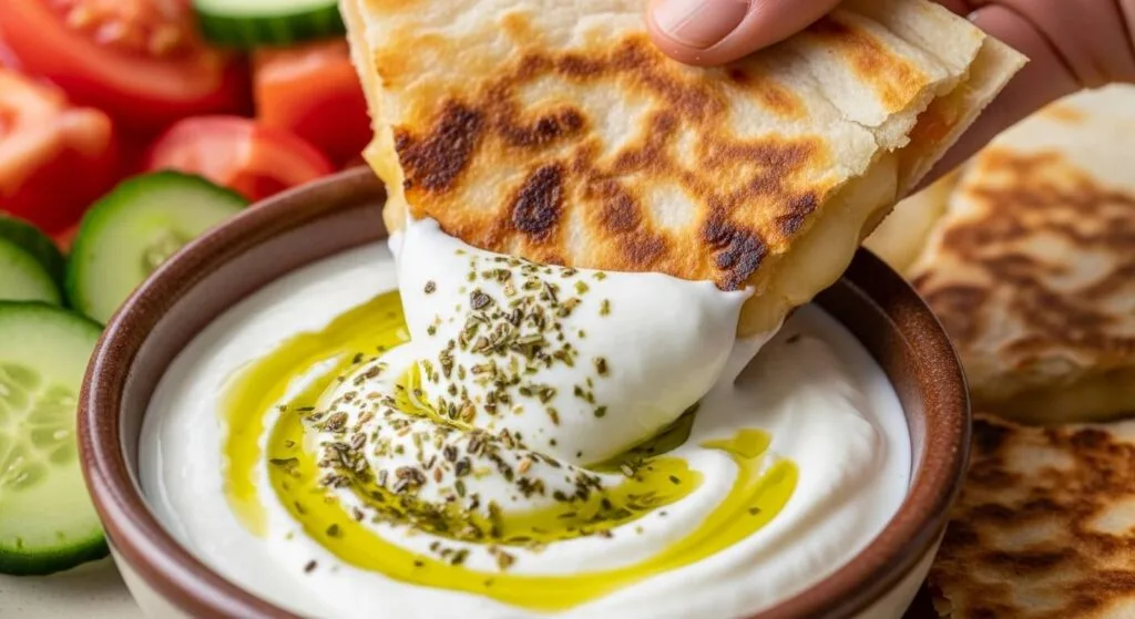 Dipping a chicken quesadilla into Greek yogurt sauce.