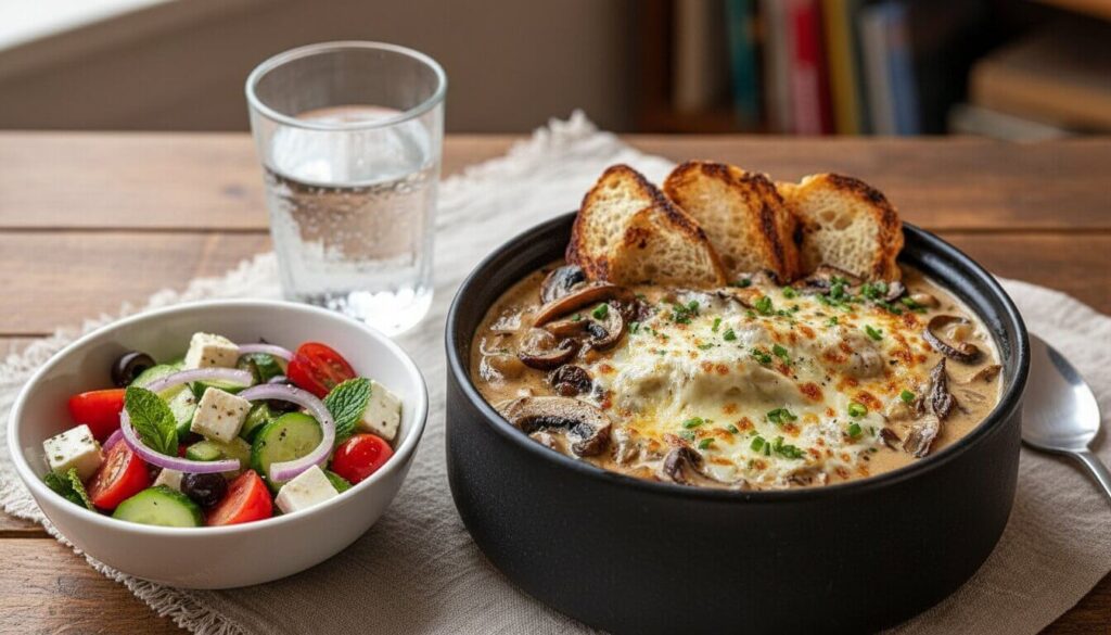 DASH-friendly mushroom soup served with a fresh side salad.