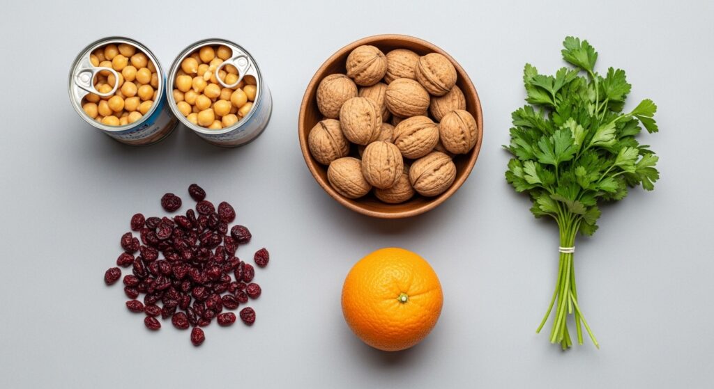 Ingredients for making cranberry walnut chickpea salad.