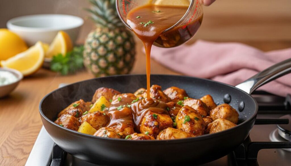 Pouring ginger pineapple glaze over chicken.