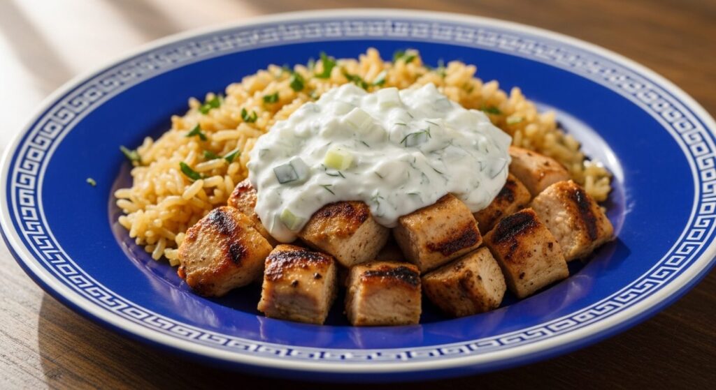 Plated portion of healthy Mediterranean chicken dinner with creamy sauce.